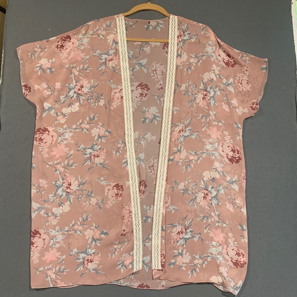 Floral Pink Chiffon Kimono Cardigan‎ Lace Trim Open Front Sheer Cover Up OS